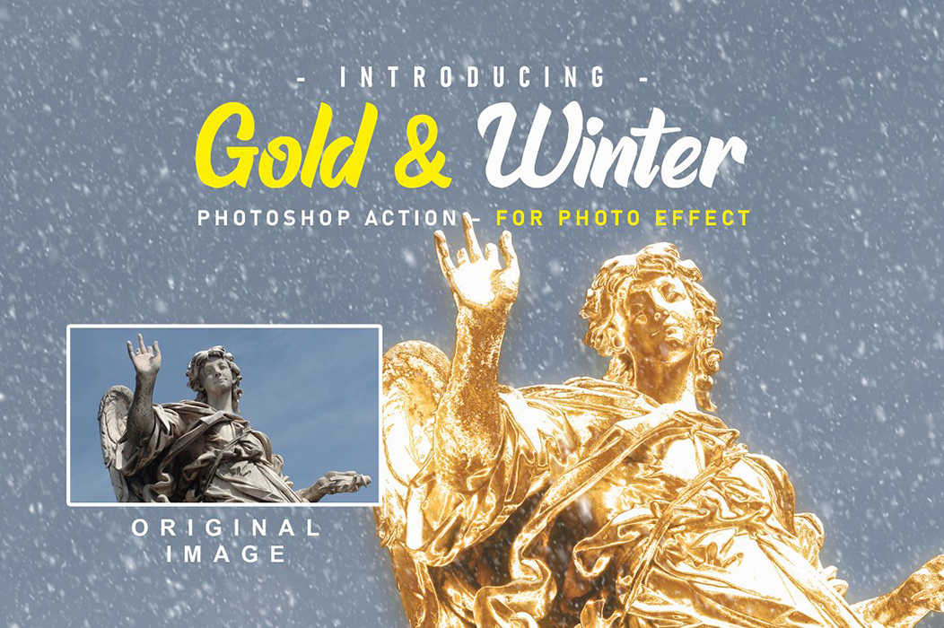 超逼真金色雕像金属PS动作-Gold And Snow Action // Winter+附使用教程