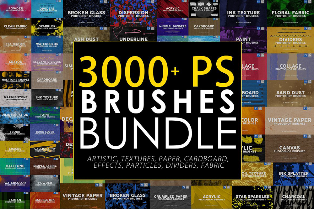 PS笔刷-3000组超豪华自定义实用PS纹理笔刷合集 3000 Photoshop Stamp Brushes Bundles